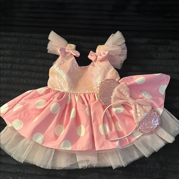 Pink and White Dance Costume with Tulle Skirt and Cap Sleeves - Picture 1 of 3